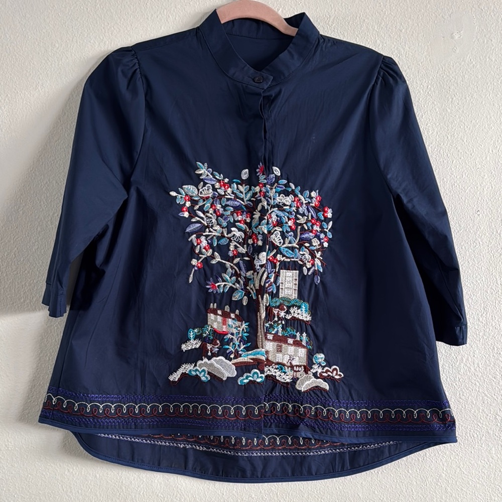 Embroidered Navy Blue Women's Top